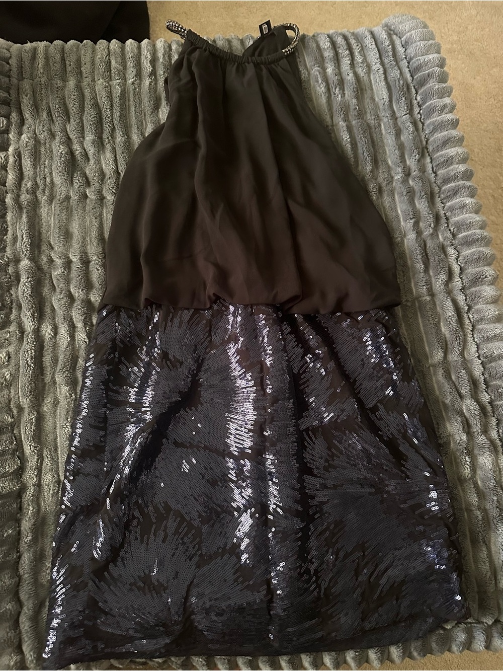 SLNY Black Sequin Midi Skirt with Sheer Overlay